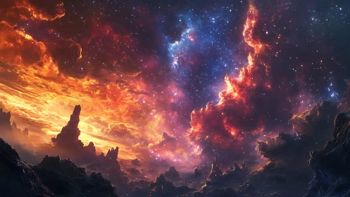 Cosmic nebula and rocky terrain form a layered space vista