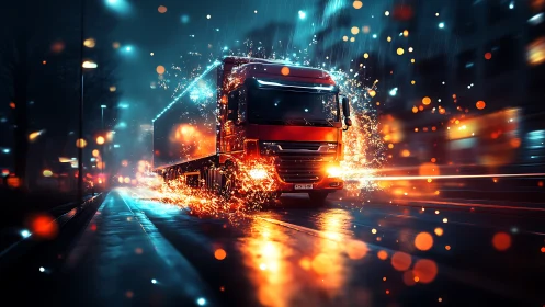 Futuristic cargo truck races through neon city nightscape.