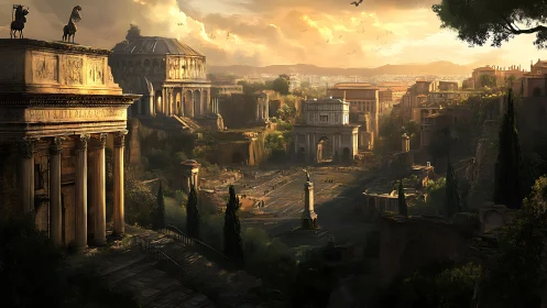 Sunlit ancient cityscape with classical stone architecture.