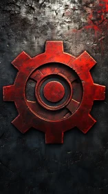 Industrial red cog emblem on distressed metallic surface