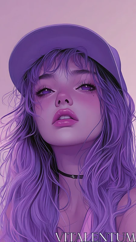 Purple-haired girl gazes upward with glossy lips and cap