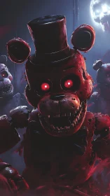 Bloodlit killer animatronic bear with burning red eyes