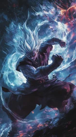 Storm-haired warrior channels twin tempests of chaos.