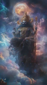 Celestial titan enthroned above nebular citadels in stasis.