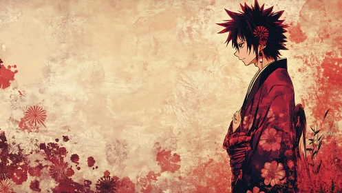 Kimono-clad anime figure in asymmetrical floral composition.