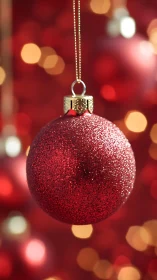 Glistening red ornament glows softly in warm holiday light