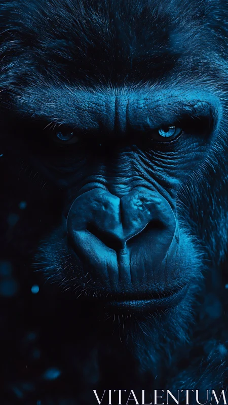 Close frontal portrait of gorilla face in blue lighting.