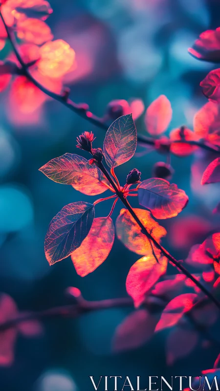 Chromatic bokeh foliage under neon-tinted shallow focus exposure.