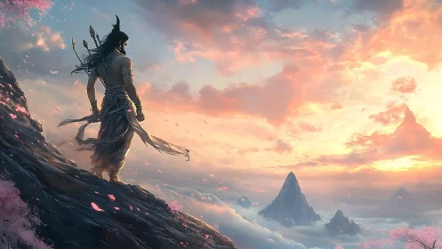 Skyborne warrior gazes across dawnlit mythic mountainscape.