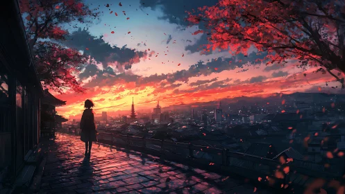 Solitary silhouette wandering beneath ember-kissed evening sky.