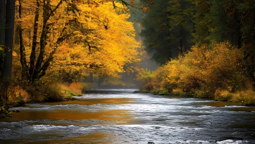 Autumn river corridor captures diffuse light across golden canopy