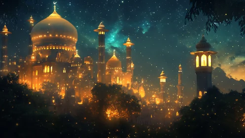Golden night palace glowing under a dreamy starry sky.