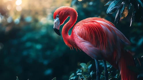 Flamingo stands in lush foliage under soft diffused light