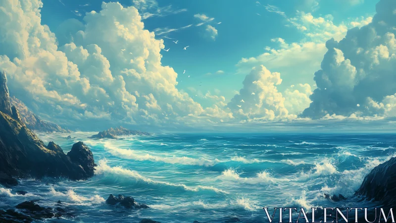 Coastal seascape with waves, rocky cliffs, and dense clouds.