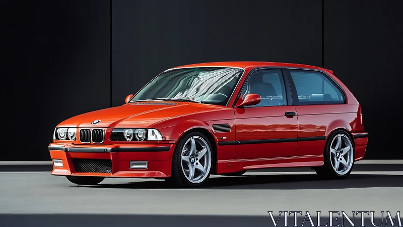 Red BMW hatchback in glossy studio light on dark backdrop.