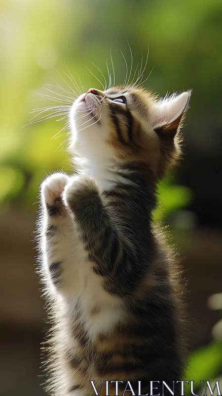 Tabby kitten standing upright against soft green background.
