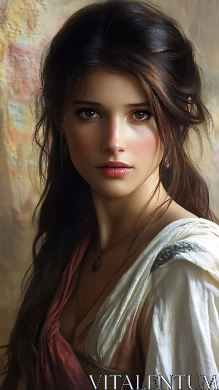 Young woman in rustic drapery under soft golden light.