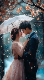 Romantic couple shares intimate moment under umbrella in rain.