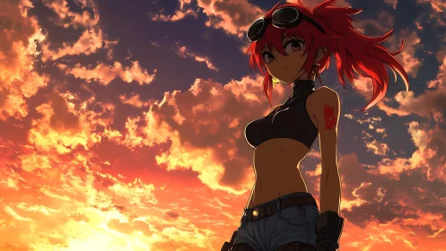 Sky-scorched rebel girl crowned in ember-bloomed sunset skies.