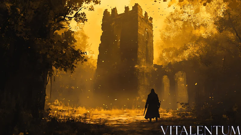 Wanderer approaches sunlit ruined tower in dense forest