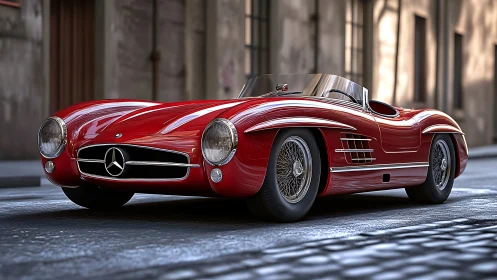 Red classic Mercedes roadster parked on quiet city street.