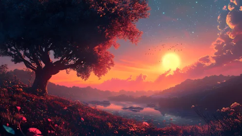 Radiant riverine sunset beneath chromatically lit tree canopy.