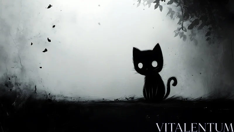 Silhouette cat with glowing eyes sits in misty forest edge