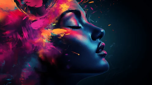 Side profile portrait merges with saturated digital paint plumes
