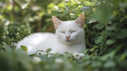 Peaceful white cat finds quiet moments nestled in garden greenery