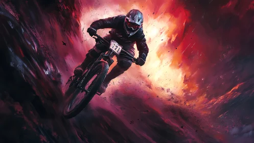 Downhill cyclist in red-lit terrain with dynamic motion blur.