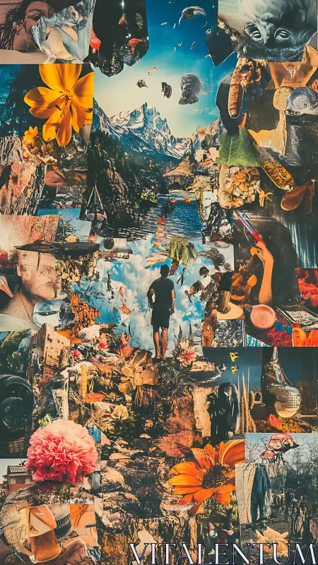 Collaged dreamwalker drifts through stitched mountainscapes