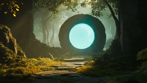 Stone forest portal with glowing circular gateway view.