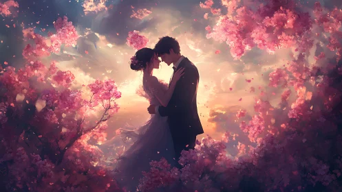 Silhouetted couple embracing surrounded by blooming pink flowers and golden light