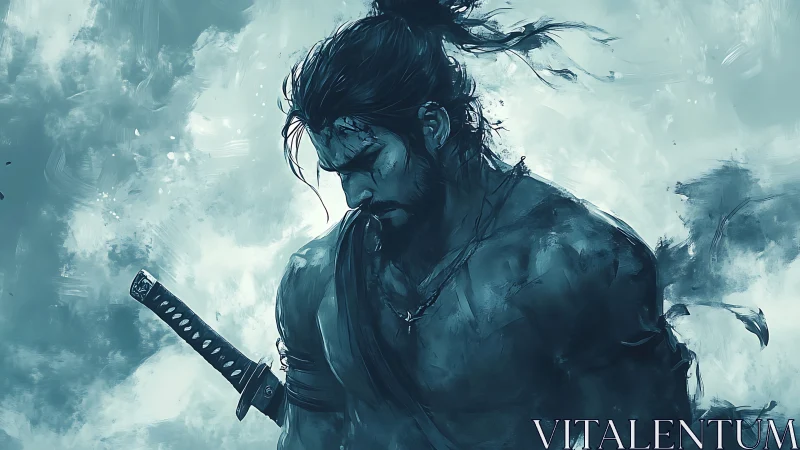 Samurai warrior stands shirtless with sword in misty air