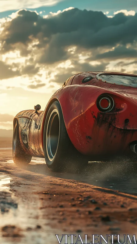Low-angle sunset render of weathered red endurance racer.