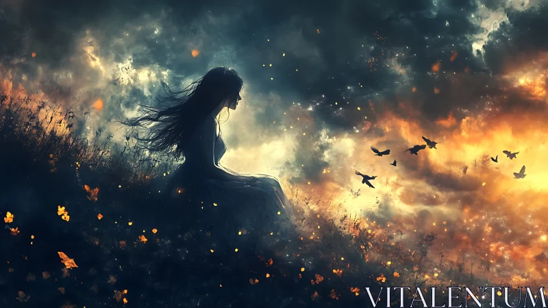 Silhouetted girl observes fiery sky and distant flying birds