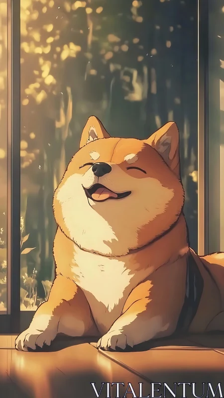 Contented shiba inu in warm backlit indoor sunlight