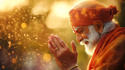 Elderly man in orange garments holds hands together in profile