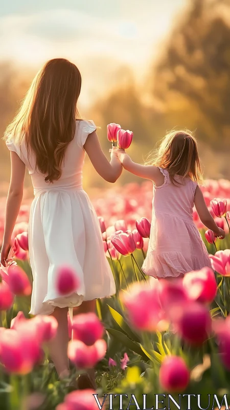 Two sisters dance through crimson tulips at golden hour's enchanted glow