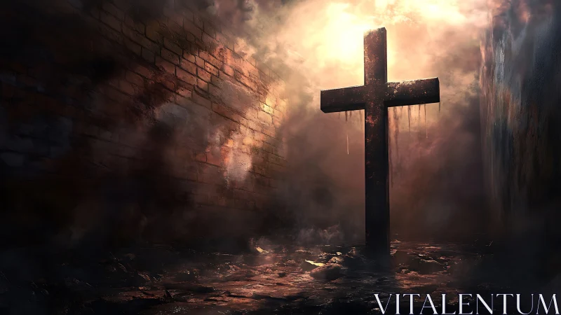 Rusted cross stands in smoky alley under harsh backlight