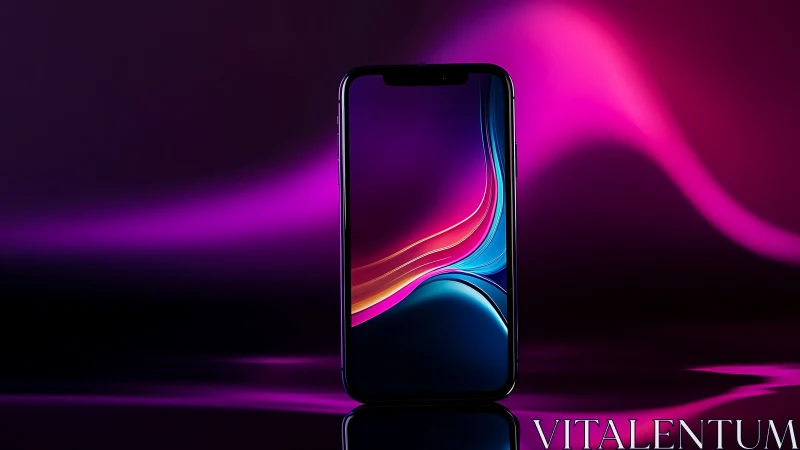 Premium smartphone with fluid gradient display and neon ambient studio lighting setup