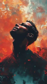 Male figure looks upward amid abstract fiery backdrop