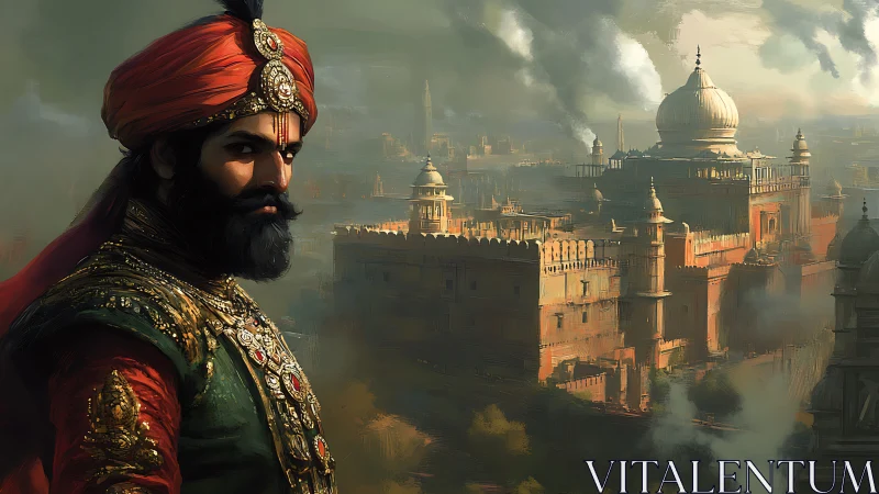 Regal sultan surveying a mist veiled golden citadel skyline.