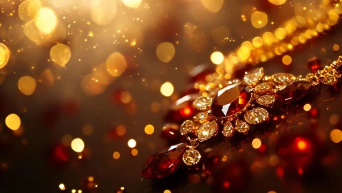 Gold necklace with red gemstones in defocused light field.