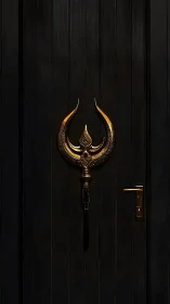 Midnight door crowned by sacred golden trident emblem.