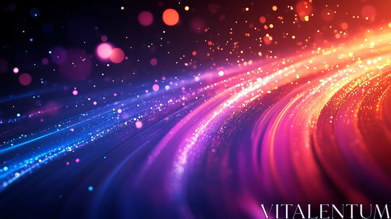 Vibrant neon light trails curve through glowing particle field