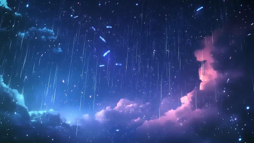 Digital night sky scene shows meteoric streaks and cloud forms