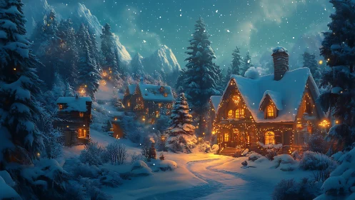 Snow-covered forest village scene shows lit houses at dusk