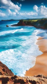 Turquoise surf curls onto golden tropical cliff beach