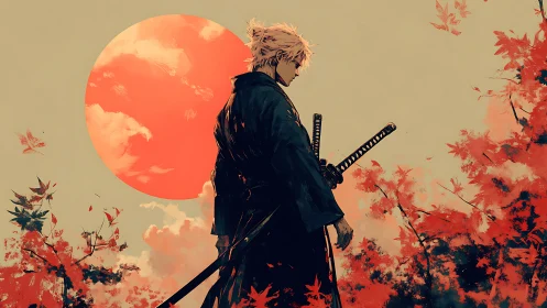Samurai figure under red sun amid autumn foliage landscape.